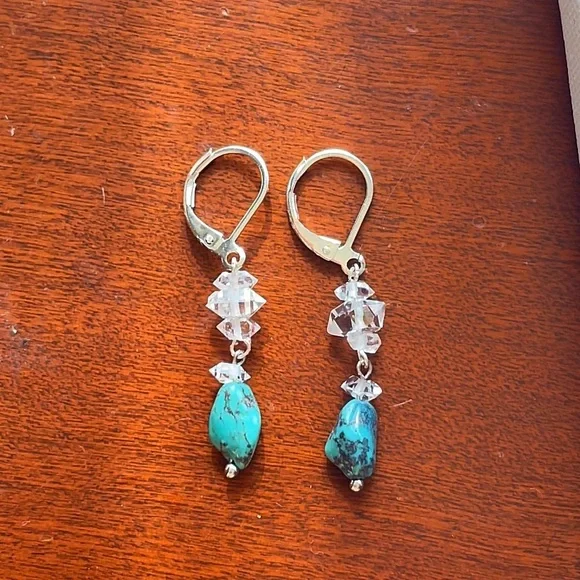 Genuine Turquoise & Herkimer Diamond Quartz Earrings! - Picture 5 of 7